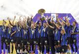 Inter Milan players finally celebrate their Serie A triumph at the San Siro. (AP PHOTO)