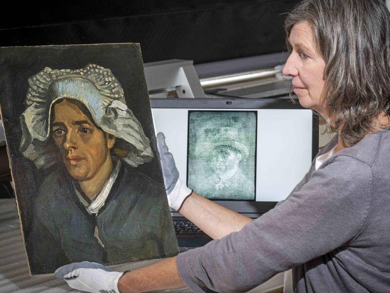 Van Gogh's Head of a Peasant Woman alongside an X-ray image of his hidden self-portrait.