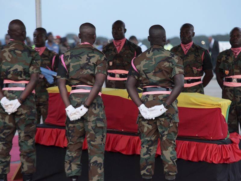 Ghanaian soldiers surround the coffin of former UN secretary-general Kofi Annan.