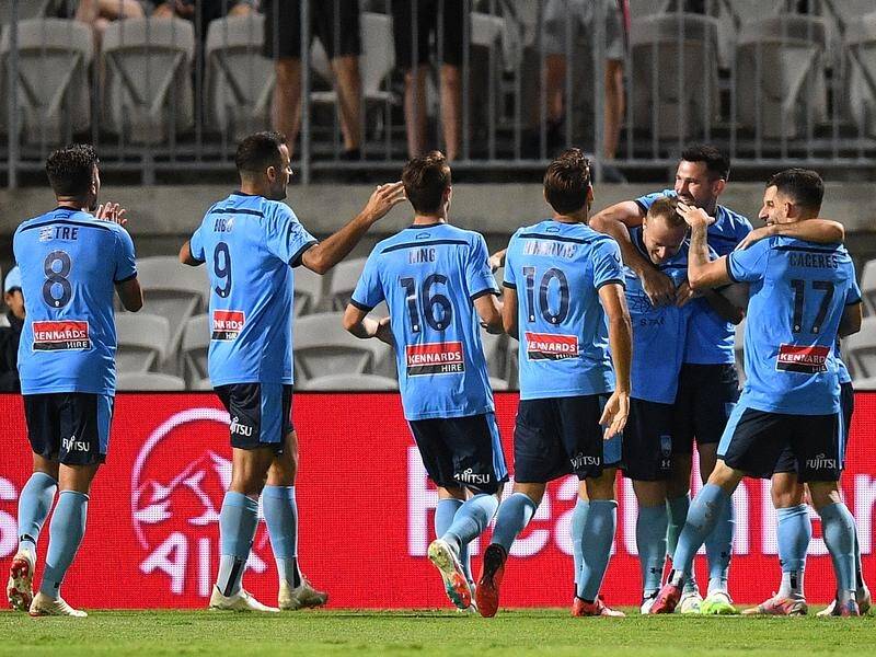 Sydney FC players celebrate the goal of Rhyan Grant (fourth right) against Western United.