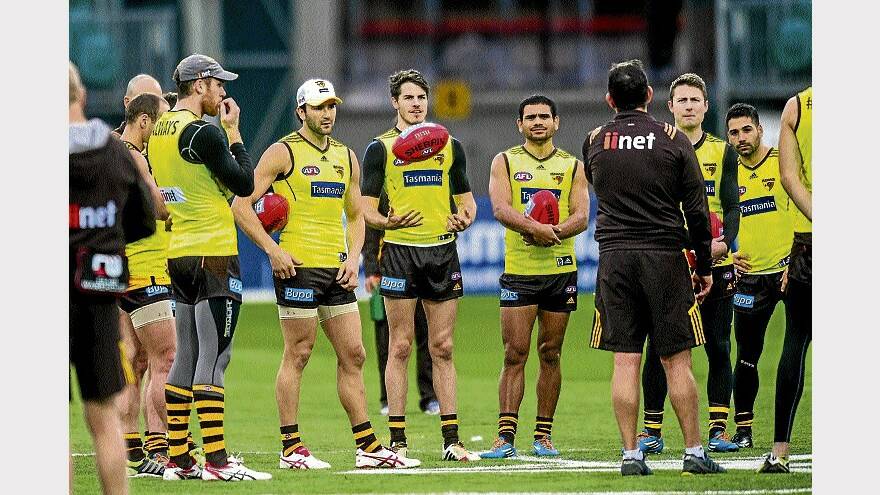 Hawthorn training at Aurora Stadium yesterday ahead of today's match against the West Coast Eagles.  Picture: PHILLIP BIGGS