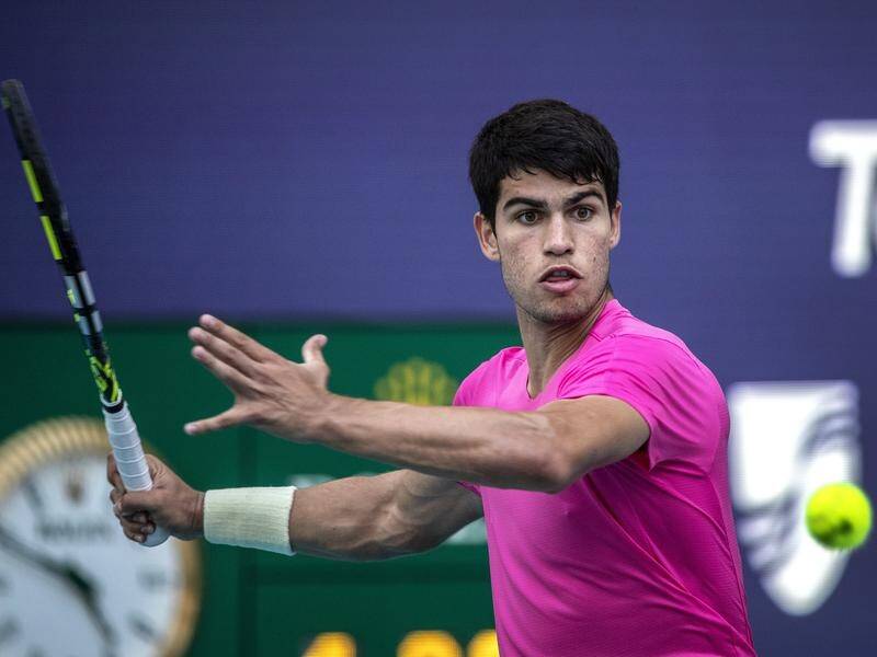 World No.1 Carlos Alcaraz is all focus on his way to beating American Tommy Paul at the Miami Open. (EPA PHOTO)