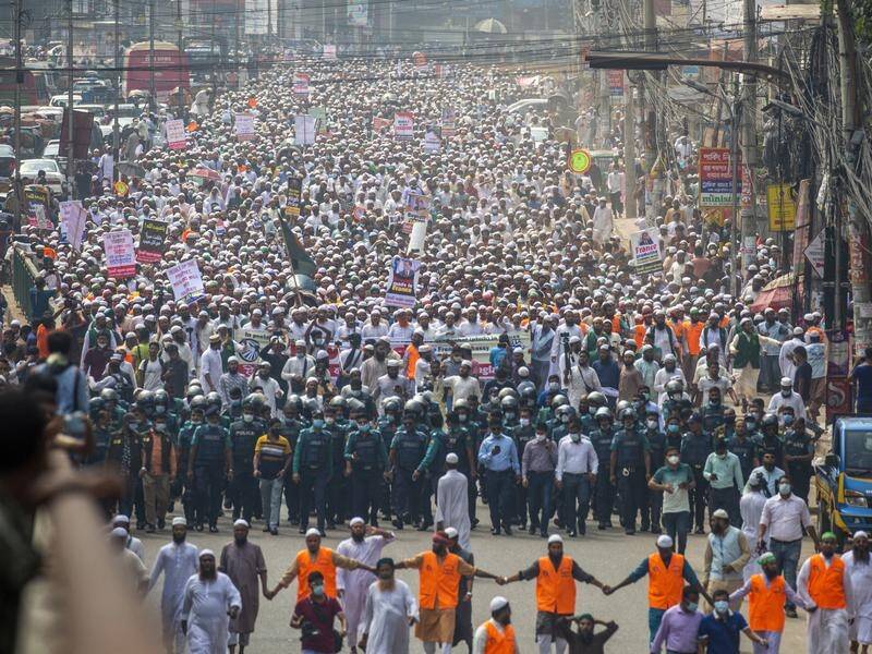 A massive protest in Bangladesh against French cartoons of the Prophet Mohammad.