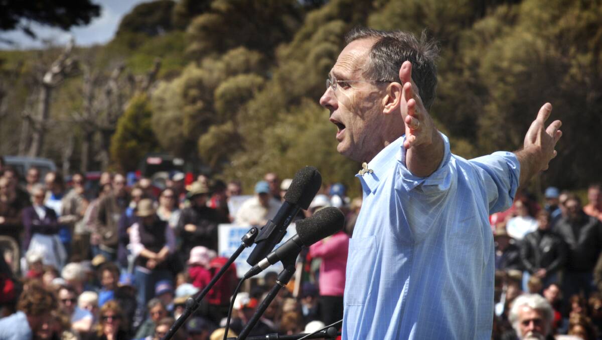 Dr Bob Brown addresses a gathered protest crowd in 2007.