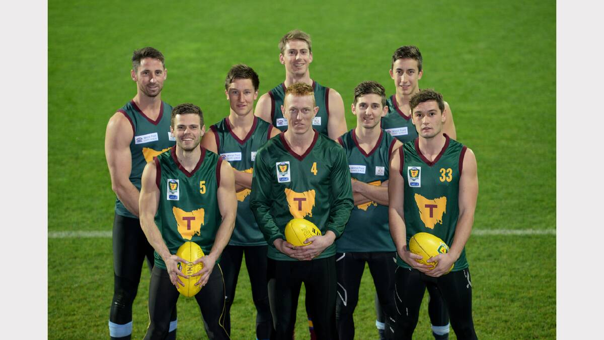Northern members of the state football team. BACK: Mitchell Hills, Matt Hanson, Bart McCulloch, Thane Bardenhagen, and Will Hanson. FRONT: Jay Blackberry, Andrew Cox-Goodyer and Taylor Whitford at training last night at Aurora Stadium. Picture: MARK JESSER