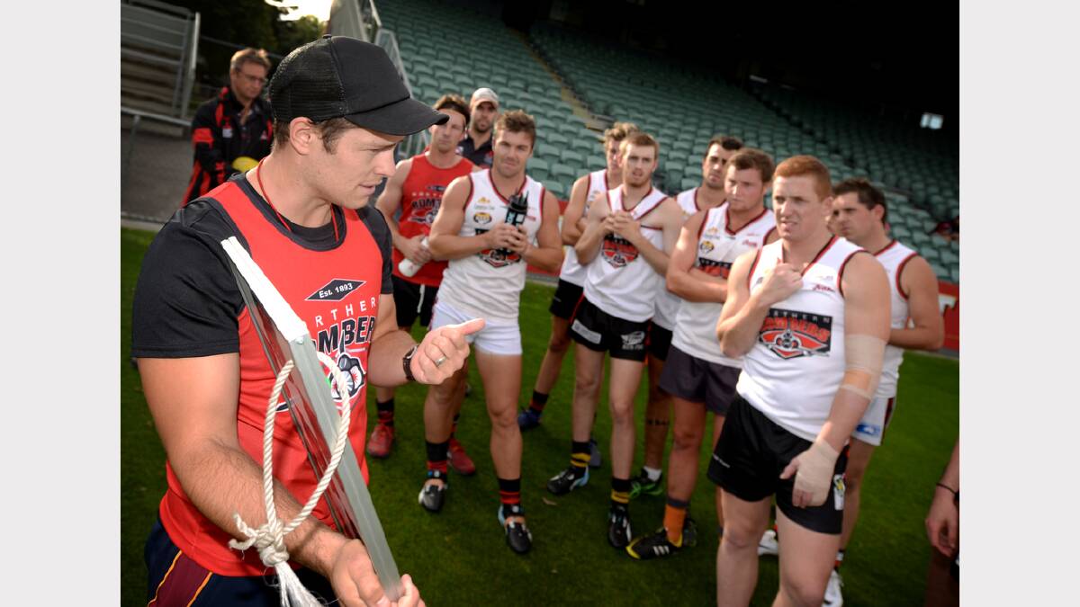 North Launceston coach Zane Littlejohn talks to team members at training ahead of the start to the season. Picture: Geoff Robson