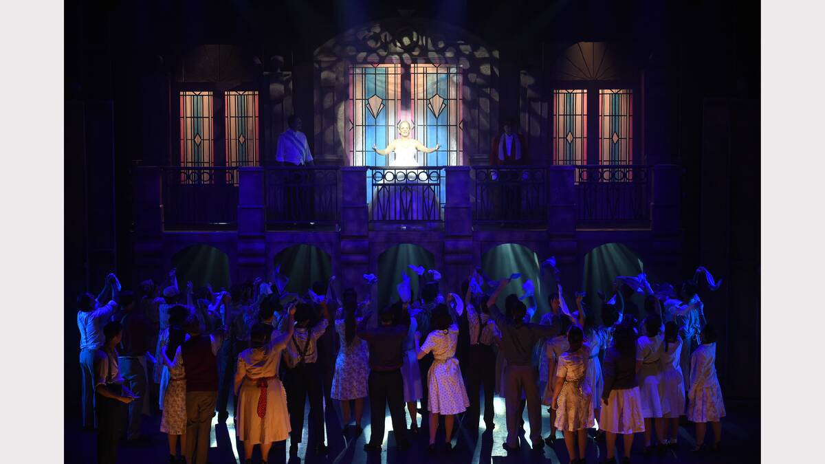 Performers on stage at yesterday’s media call for the production of Evita at the Princess Theatre. Picture: MARK JESSER