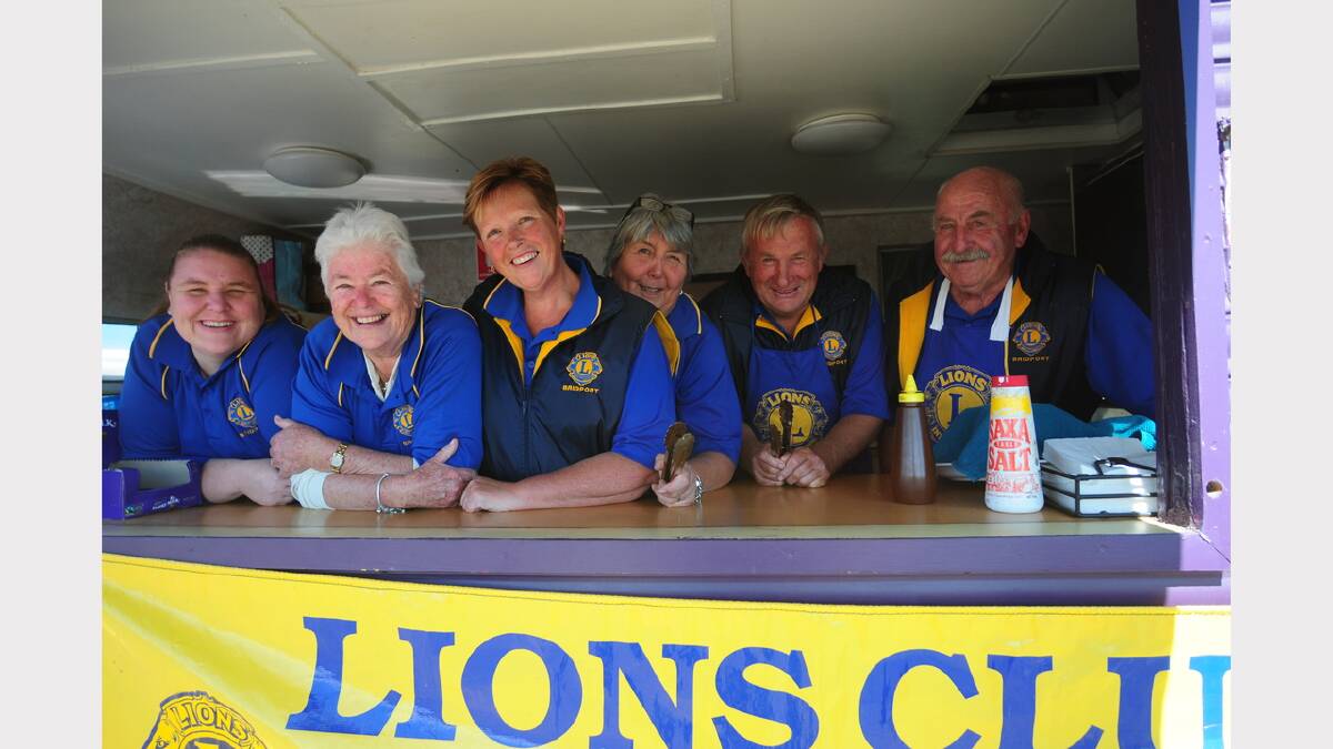 Bridport Lions Erica and Dianne Langenbach, Elaine Hill, Kaye Harris, Barry Hill and Graeme Harris on duty in the club's food van.