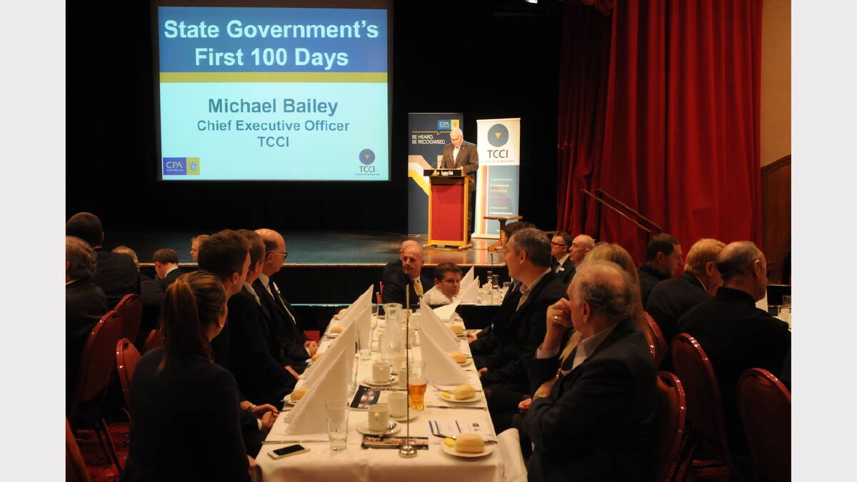 Tasmanian Chamber of Commerce and Industry chief executive Michael Bailey addresses the forum in Launceston to mark the state government's first 100 days in office. Picture: PAUL SCAMBLER
