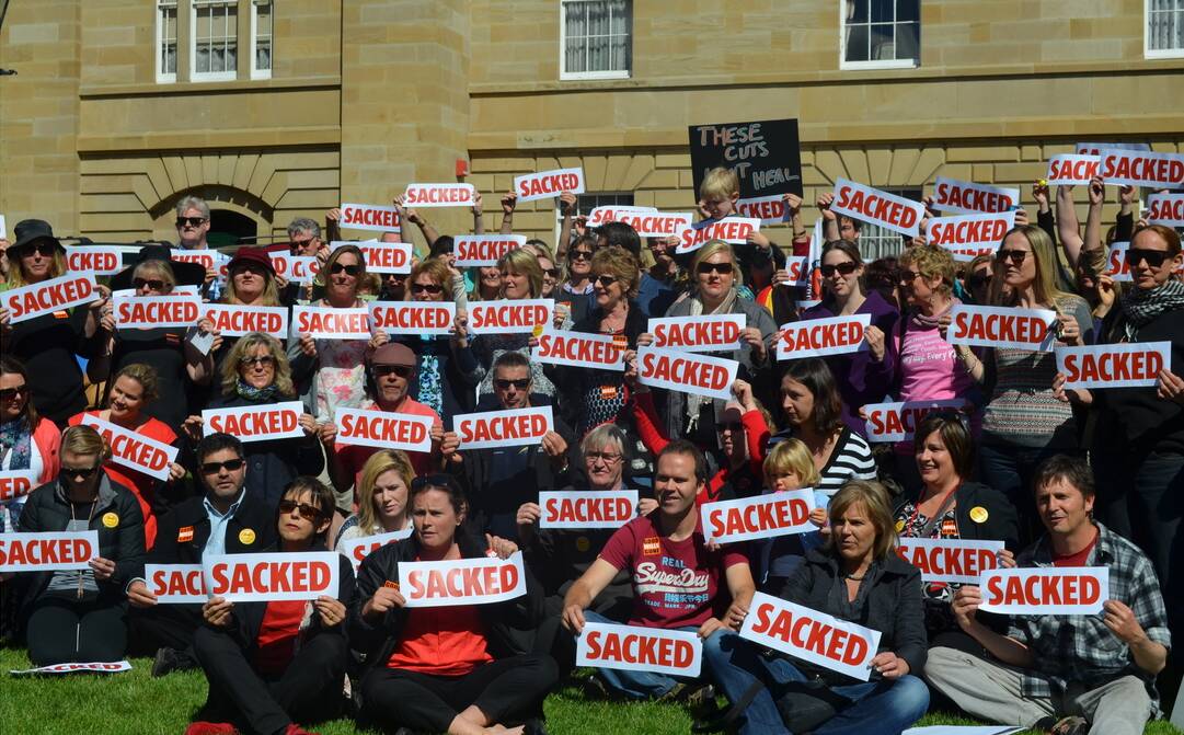 Public sector workers marched on Parliament House in Hobart this morning to protest the state government's budget cuts. Picture: George Burgess