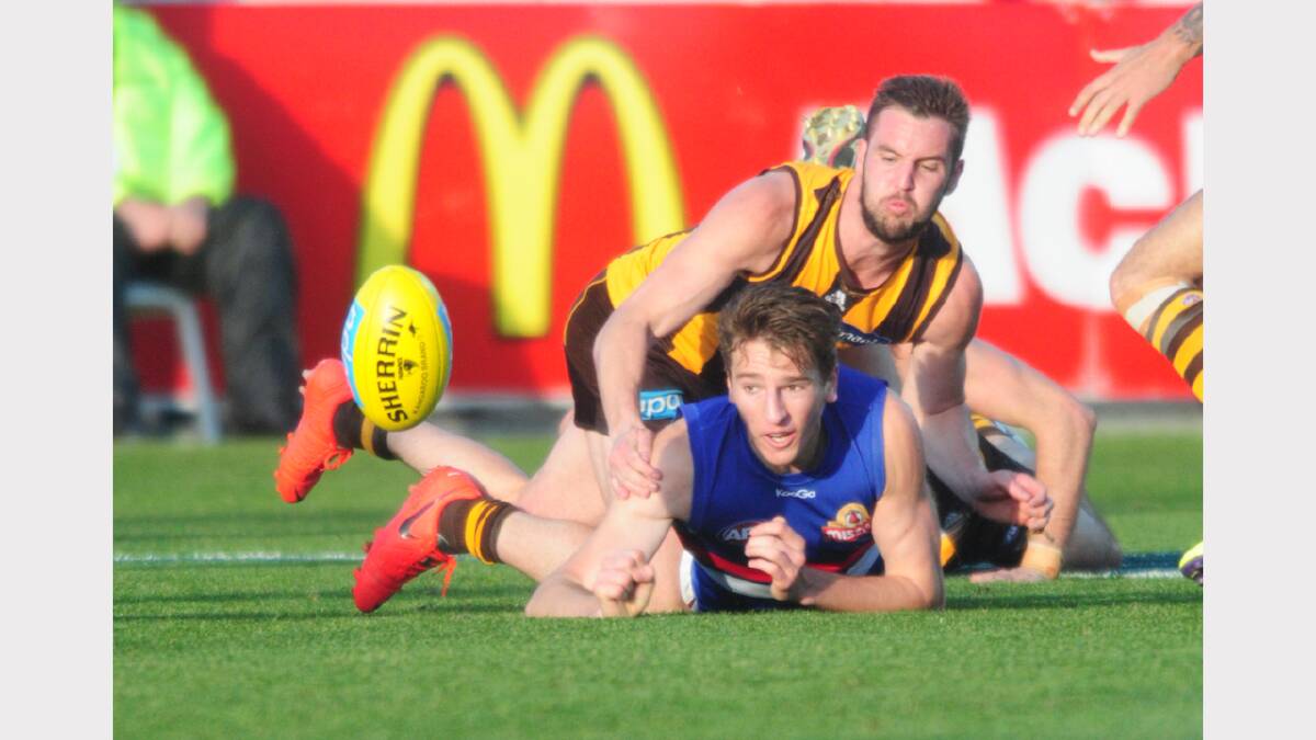 The Hawks stayed on top of the Dogs at Aurora Stadium yesterday. Picture: Phillip Biggs