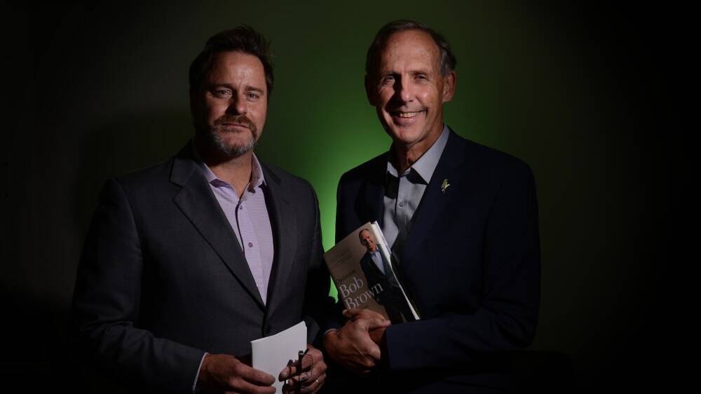 Greens Senator Peter Whish-Wilson and Dr Bob Brown at the Optimism book launch. Picture: Scott Gelston