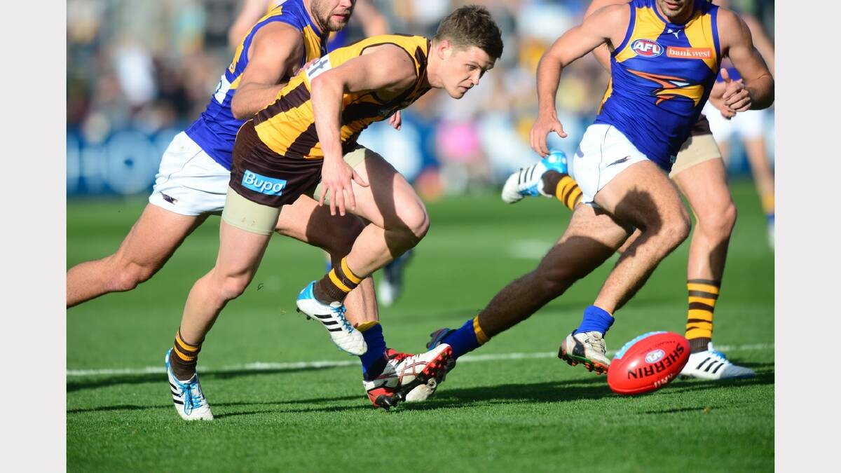Hawthorn's Taylor Duryea keeps his eye on the ball during his team's clash against West Coast at Aurora Stadium. Picture: Phillip Biggs 