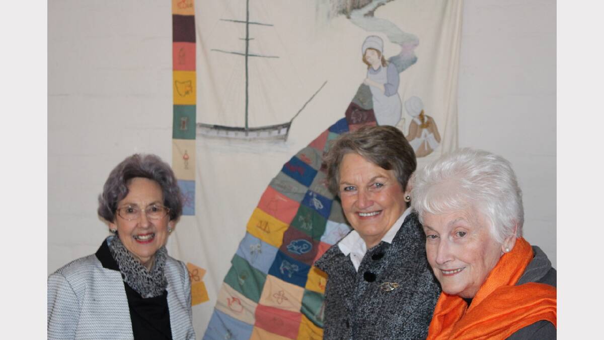 Embroidery Guild of Tasmania Launceston secretary Joan North, president Mary Nye and heritage campaigner Shirley McCarron at Woolmers Wrapped in Guilt launch.