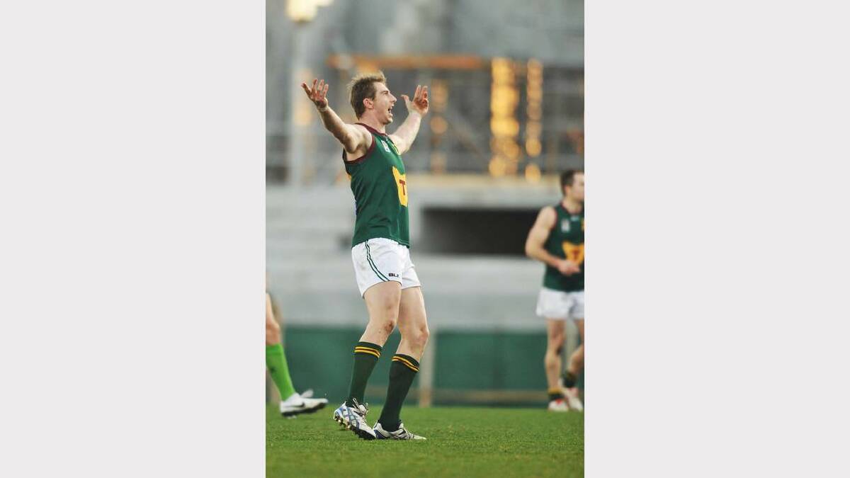 Tasmania's Bart Mc Culloch celebrates one of his three goals. Picture: Scott Gelston