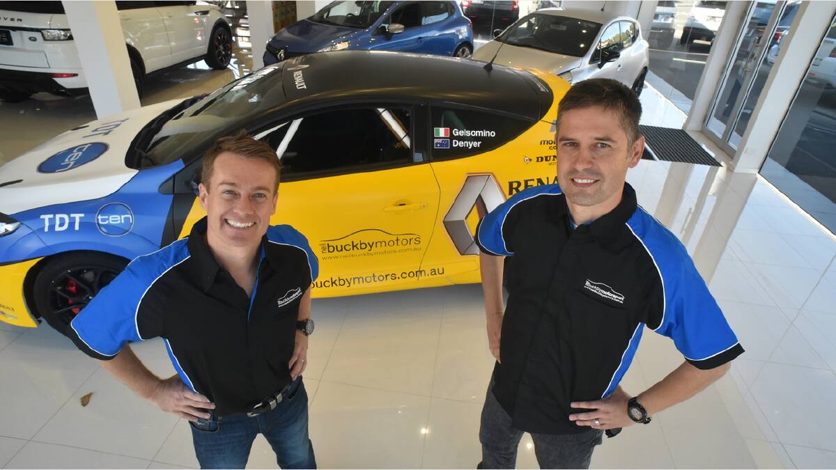 Television personality and driver Grant Denyer and navigator Alex Gelsomino with their Renault, which they'll use to take on Targa Tasmania. Picture: Paul Scambler
