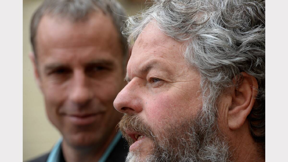 Former leader Nick McKim looks on as new Tasmanian Greens leader speaks at a press conference in Launceston this afternoon. Picture: Mark Jesser