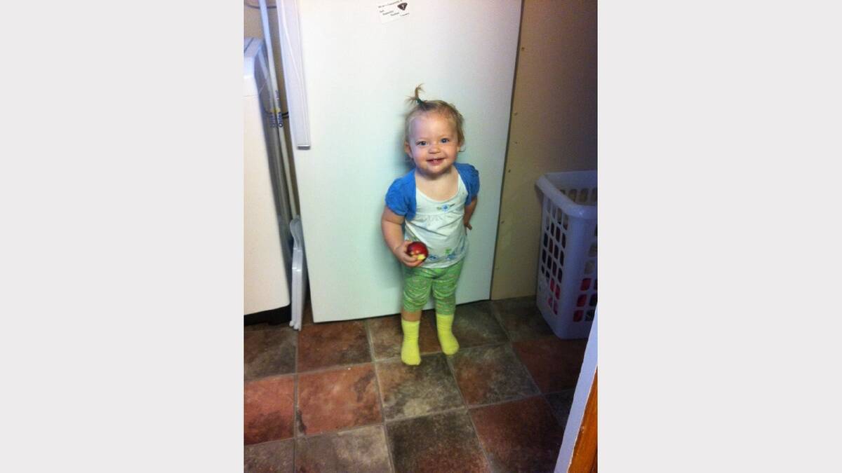 'Aaliyah 18 months, stealing an apple from her brothers lunch box'. Sent in by Linda Vandenberg