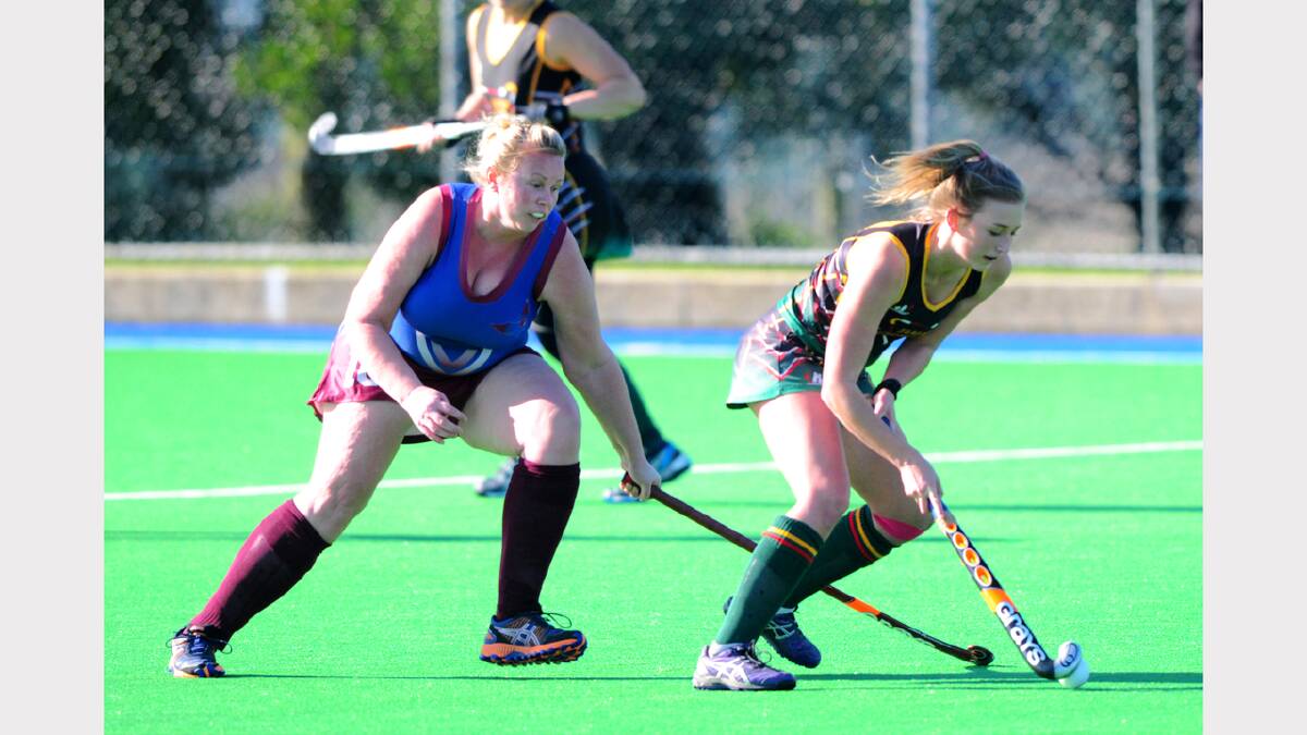 Allison Cornick and Sophie Bodell challenge for possession in yesterday's game between Tamar Churinga and South Burnie at McKenna Park. Picture: PHILLIP BIGGS