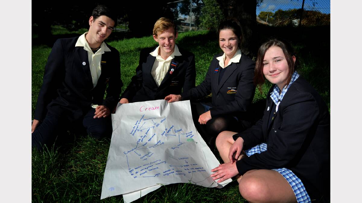 Sheffield students Patrick Bingham, 16, Hamish McLean, 16, Bronte Page, 16, and Samantha Woods, 15, map their ideas at yesterday's youth employment forum. Picture: Geoff Robson