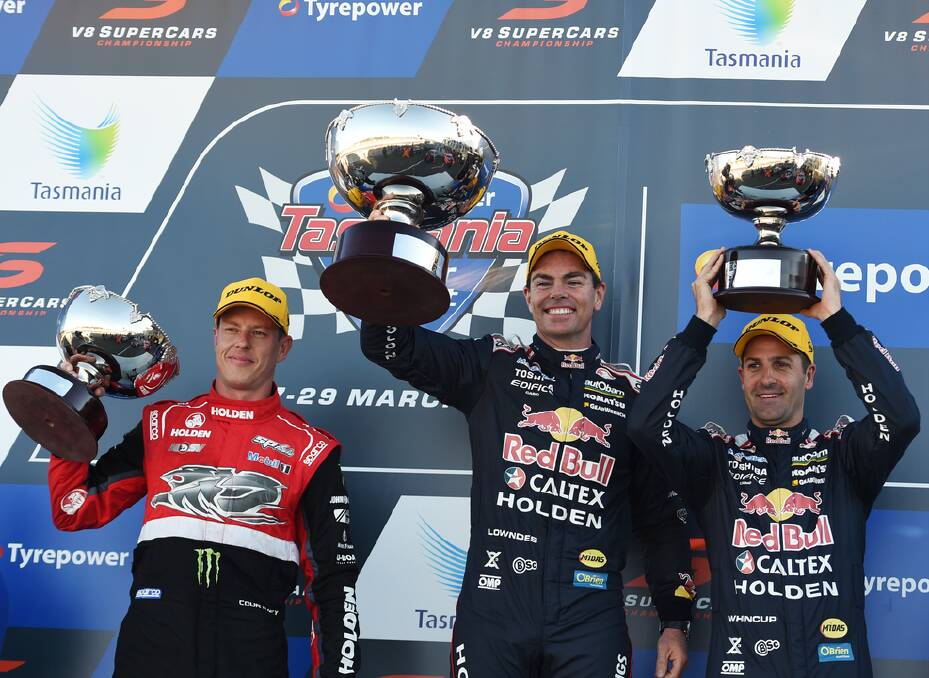 Red Bull Racing's Craig Lowndes (centre) finished on top, ahead of Holding Racing Team's James Courtney (left), in third, and Red Bull Racing's Jamie Whincup, who finished second.
