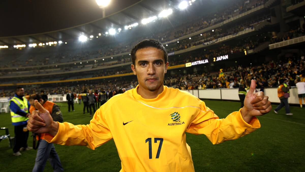 Tim Cahill celebrates after the World Cup Qualifier Match at the MCG in June, 2009. Photo: Justin McManus. 