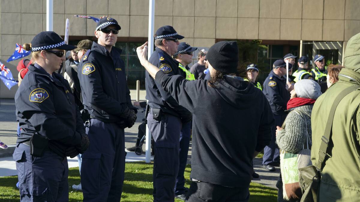 Police and counter-protesters far outnumbered those attending the anti-Islam rally in Hobart organised by the United Patriots Front. Pictures: GEORGIE BURGESS

