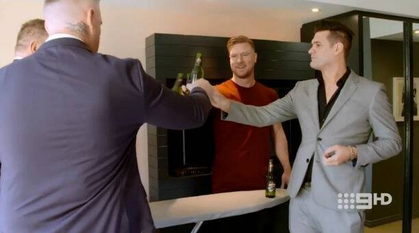 Dean (centre) prepares to get married with best friend Liam (far right) by his side on Married At First Sight. Photo: Nine
