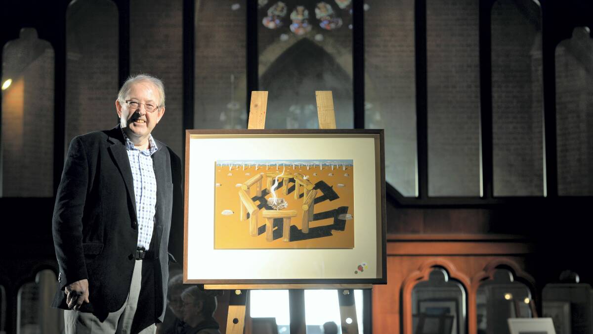 Richard Klekociuk with his work Still in Denial at Holy Trinity Anglican Church in Cameron Street, Launceston. Picture: MARK JESSER