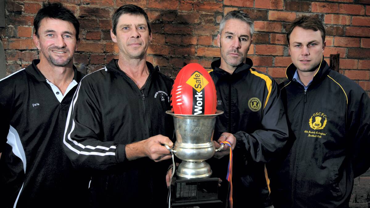 Perth's Scott Furley and  coach Simon Gibson  with Old Scotch coach  Kim Curtis and  club president Rafe Bell  get ready for tomorrow's  tenth annual Harper-Williams Cup clash. Picture: GEOFF ROBSON
