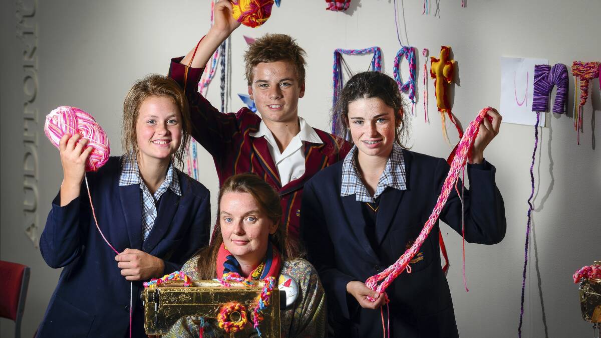 Scotch Oakburn College artist in residence Mae Finlayson with grade 8 students Annie Cullen, Charlie Griffiths and Sophie Loane. Picture: PHILLIP BIGGS

