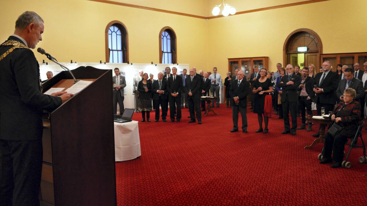 Launceston Mayor Albert van Zetten speaks at the Launceston Town Hall's 150th anniversary celebrations.
