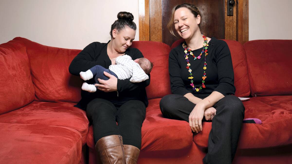 Mowbray mother Cassy Carter with five-week-old son Jack Turner and Launceston General Hospital midwife Anna Pilkington. Picture: SCOTT GELSTON