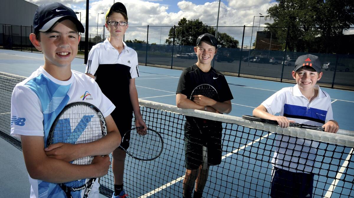 Launceston tennis players Sam Whitehead, 12 , Ruben McCormack, 13, Will Gibson, 12, and Thomas Hann, 11,  are off to Melbourne to compete in the December Showdown at Melbourne Park for the best players in their age groups from around Australia. Picture: GEOFF ROBSON