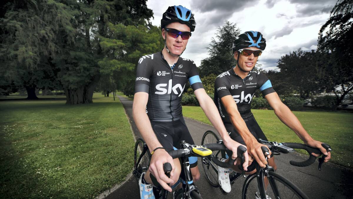 Chris Froome and Richie Porte in Launceston’s City Park yesterday on a tour of Tasmania.  Pictures: SCOTT GELSTON
