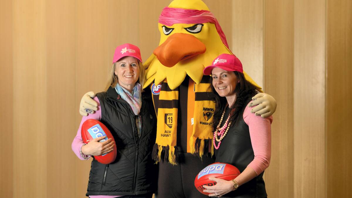 Ellen Smith, Hawthorn Mascot and Kellie Green will be part of the Cancer Council pink guard of honour at Sunday’s AFL game.   Picture: MARK JESSER