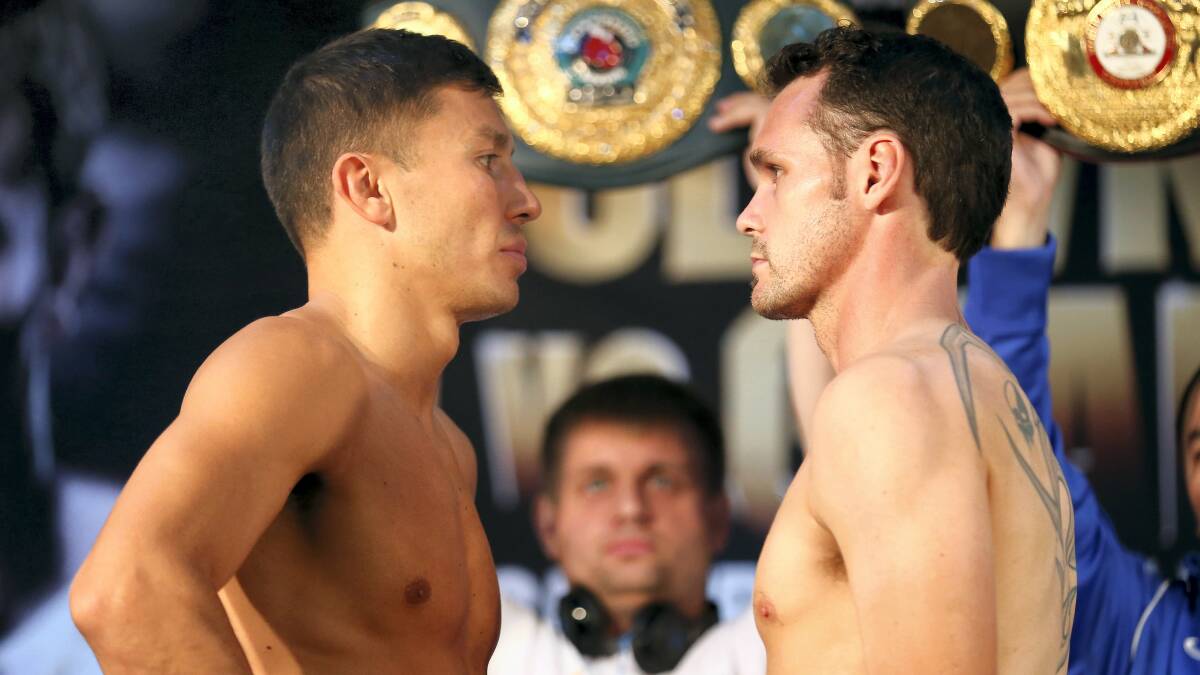 Gennady Golovkin and Daniel Geale face off after weighing in for their WBA-IBO middleweight world championship bout at New York's Madison Square Garden. Picture: GETTY IMAGES