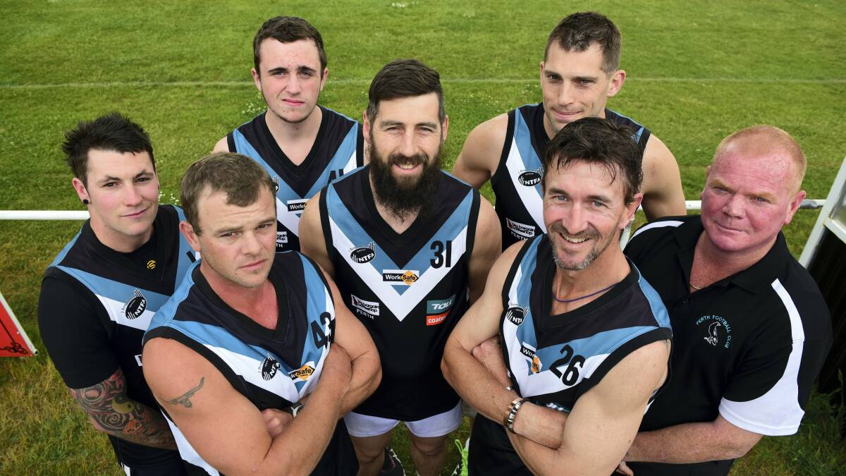 Perth Football Club’s men in charge, BACK: Senior  assistant coach Ethan Brown, senior player Chris Oakenfall, senior assistant coach James Miller and club president Joey Maloney.   FRONT: Reserves coach Marty Walters, senior coach Damien Rhind and club captain Scott Furley. 