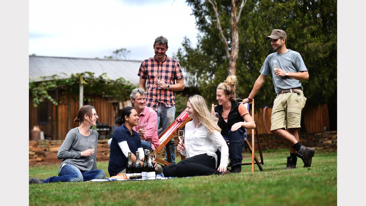 Delamere Vineyard's Fran Austin and Cherry Khaing, Brett Harris, Rhys Robinson, Alice Cooksley, Hannah Harms and Dan Lizotte start their picnic ready for the Shakespeare production of Much Ado About Nothing. Picture: SCOTT GELSTON