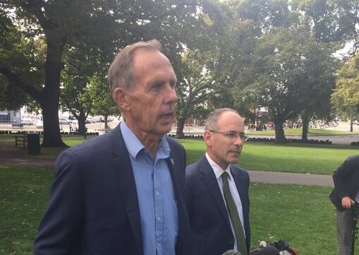Bob Brown and his lawyer Roland Browne in Hobart on Thursday. Picture: ADAM LANGENBERG