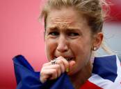 SA: Jess Trengove reacts after finishing third in the Women's Marathon. Photo: Getty Images