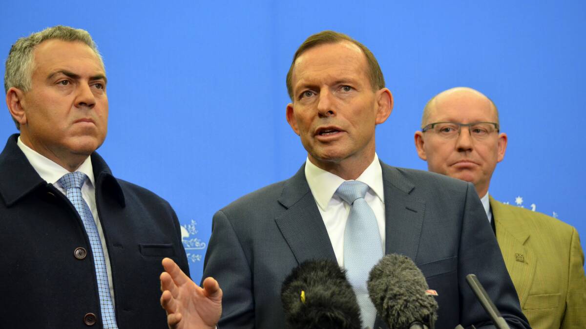 Treasurer Joe Hockey, Prime Minister Tony Abbott, and Lyons MHR Eric Hutchinson. 