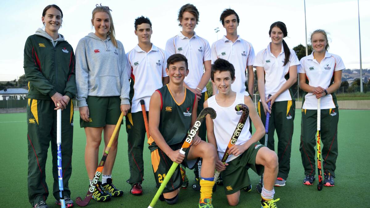 Under 15 state hockey squad assistant coach Sarah McCambridge, under 18 state players Allisia Pearson, Kurt Budgeon, Brad Buchanan and Keelan Beattie with under 15 players Emily Withington, Claudia Gruber and (front) Joshua Commins and Daniel Chong.
