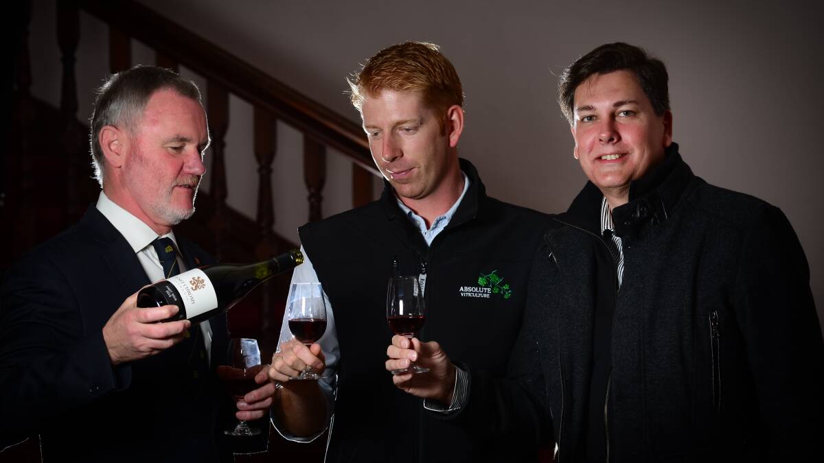 Launceston Mayor Albert van Zetten, Josef Chromy Wines Scholarship winner Marty Smith of Absolute Viticulture, who will be traveling to Napa Valley, USA, for four weeks, and Josef Chromy Wines Managing Director Dean Cocker. Photo by Phillip Biggs