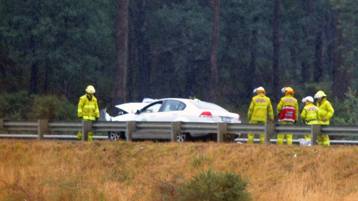 This scene of this morning's fatal crash on the Bass Highway near Carrick. Photos by Geoff Robson