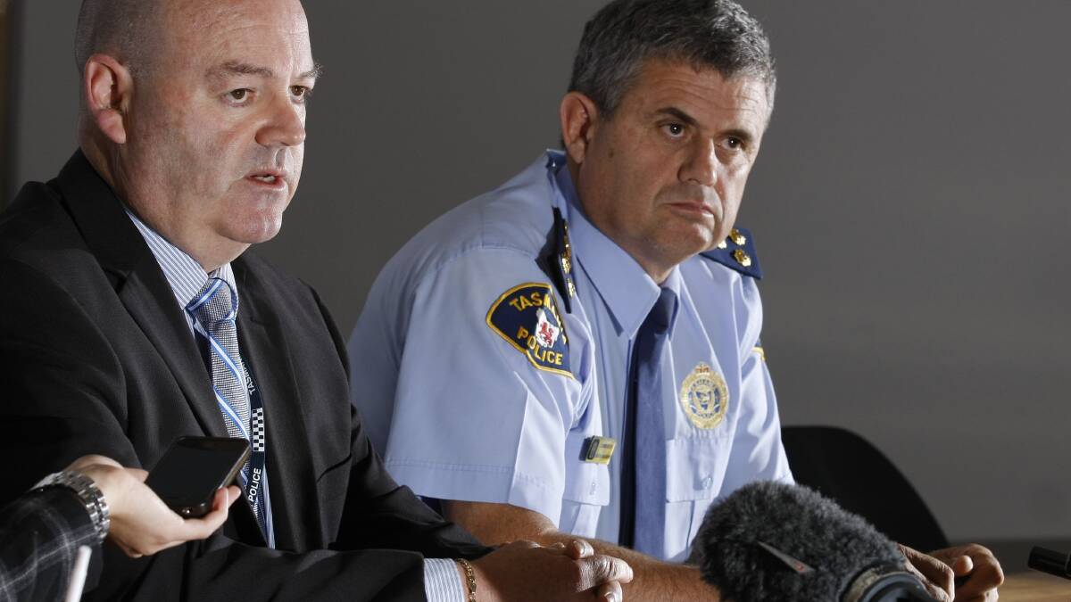 CIB Detective Inspector Rob Gunton and Western District Police Commander Lauchie Avery speaking at a press conference at the Devonport Police Station today about the abduction and sexual assault at Latrobe. Picture: Jason Hollister. 