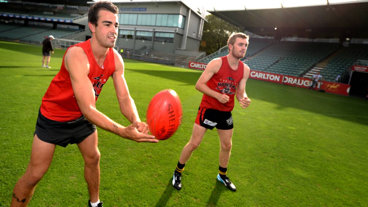 Northern Bombers defender Ryan Worn and Josh Ponting practicing earlier this season.  Picture: GEOFF ROBSON.