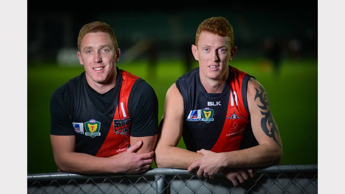 Brothers Andrew and Brad Co-Goodyer are enjoying playing football together for the first time with the Northern Bombers this season. Picture: Phillip Biggs.
