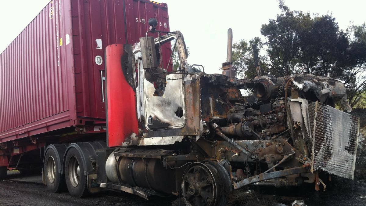 The SeaRoad truck destroyed by fire on the Bass Highway near Parramatta Creek  on Monday morning. Picture: FAIRFAX TASMANIA.