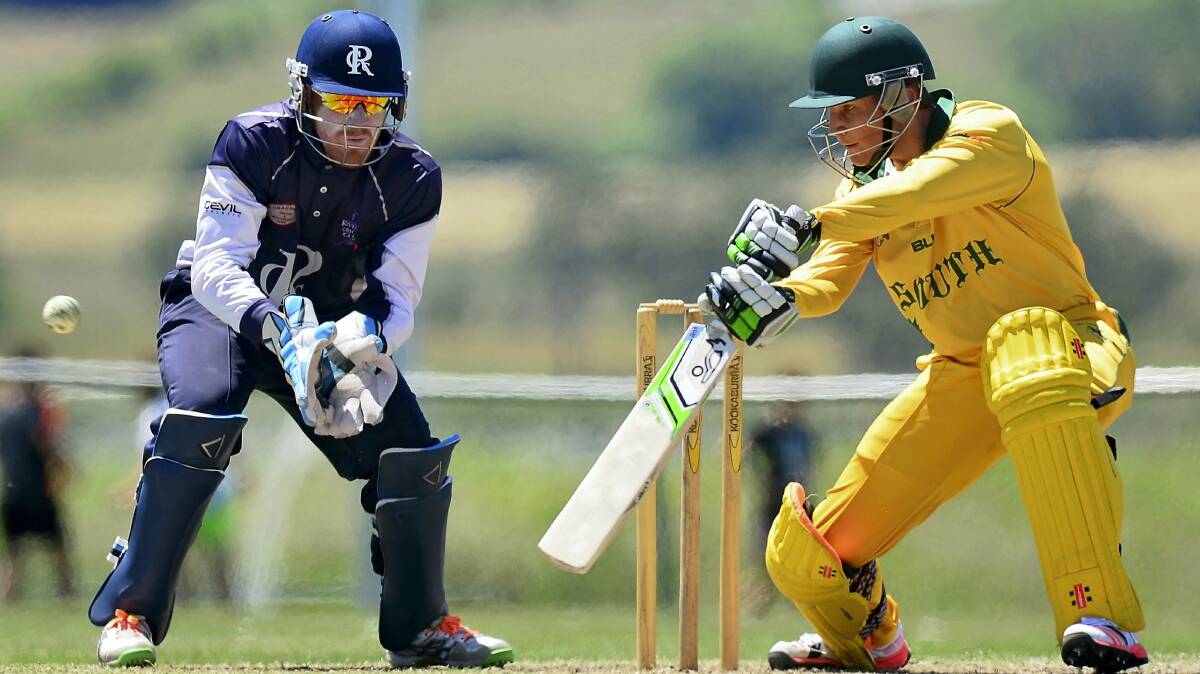 South Launceston batsman Tom Waller plays a shot under the watch of Riverside wicketkeeper Peter New. Picture: PHILLIP BIGGS
